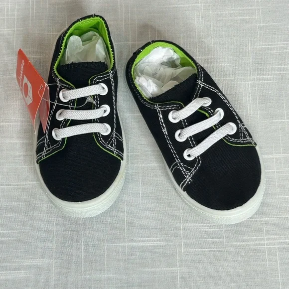 Oomphies NWT Toddlers Tennis Shoe Size 5 1/2” Length. Black with Neon Green - Picture 3 of 10